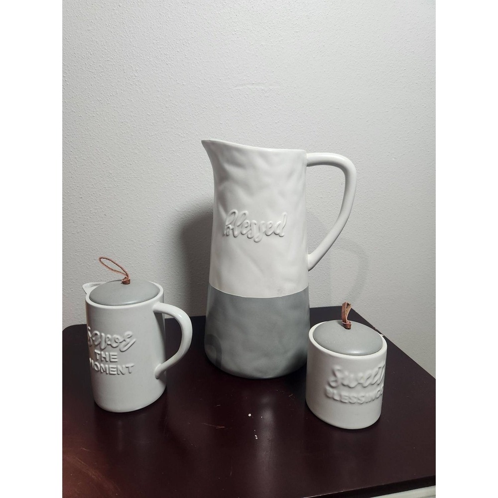 Mary & Martha Blessed Pitcher Creamer Sugar Set White Grey Ceramic Farmhouse